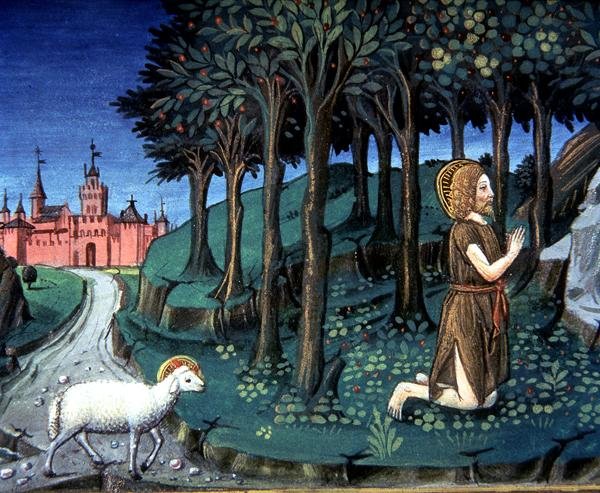 Fol.143v St. Johannes der Täufer betet in der Wüste von Italian School