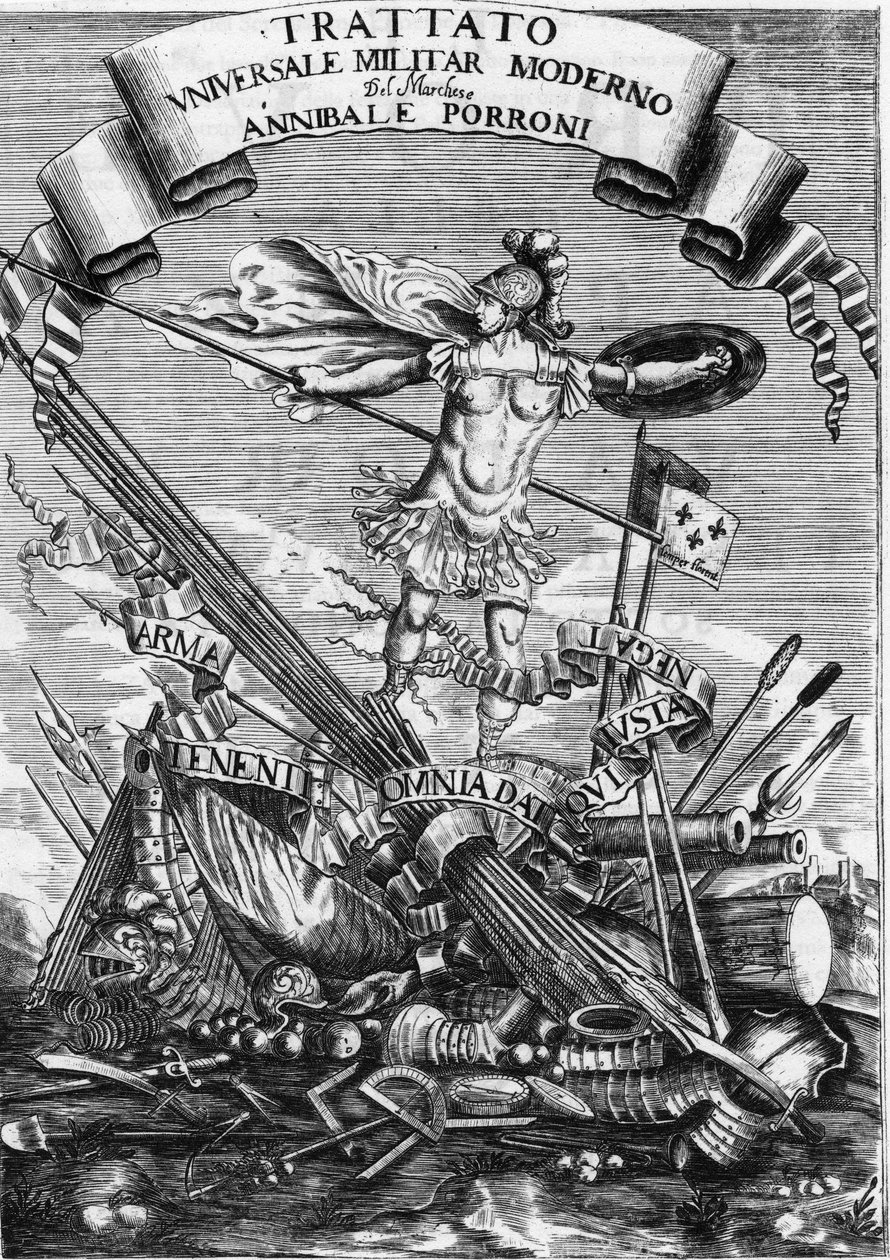 Frontispiz von „Trattato Universale Militare Moderno“ (Modernes Universales Militärabkommen) von 1676 von Italian School