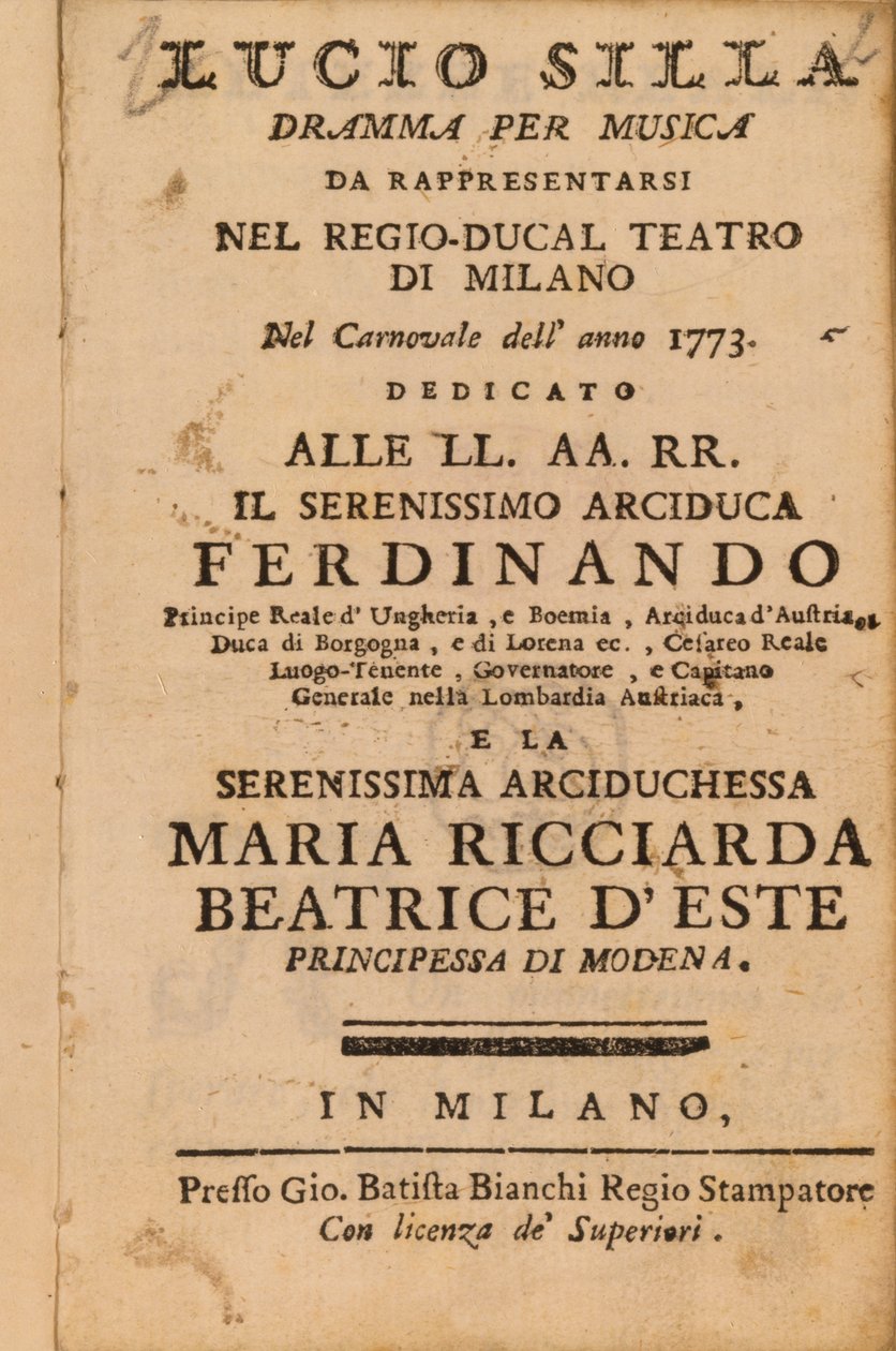 Frontispiz aus Mozarts Lucio Silla, aufgeführt in Mailand 1773 von Italian School