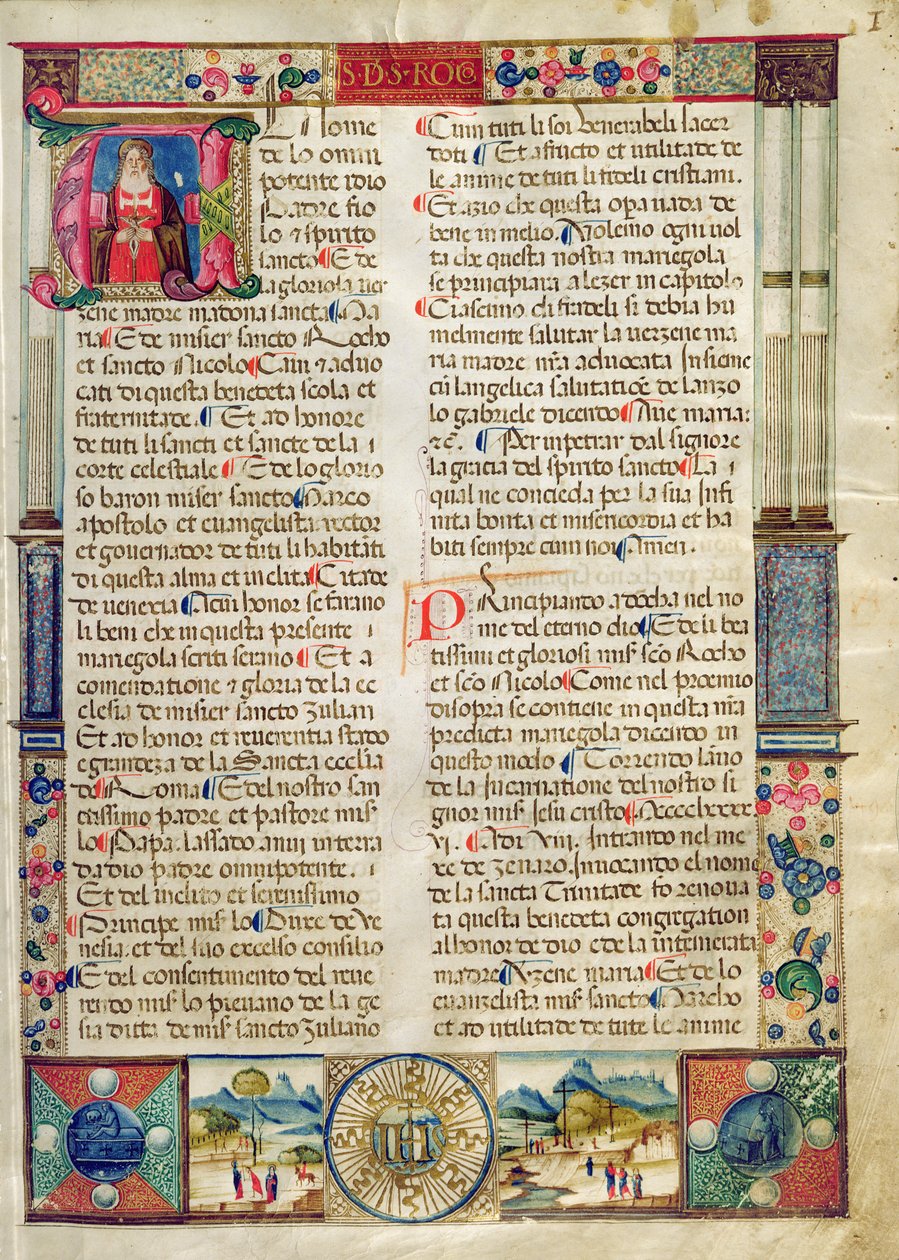 Frontispiz, aus einer Mariegola der Laiengilde von St. Rocco und St. Nikolaus von Italian School