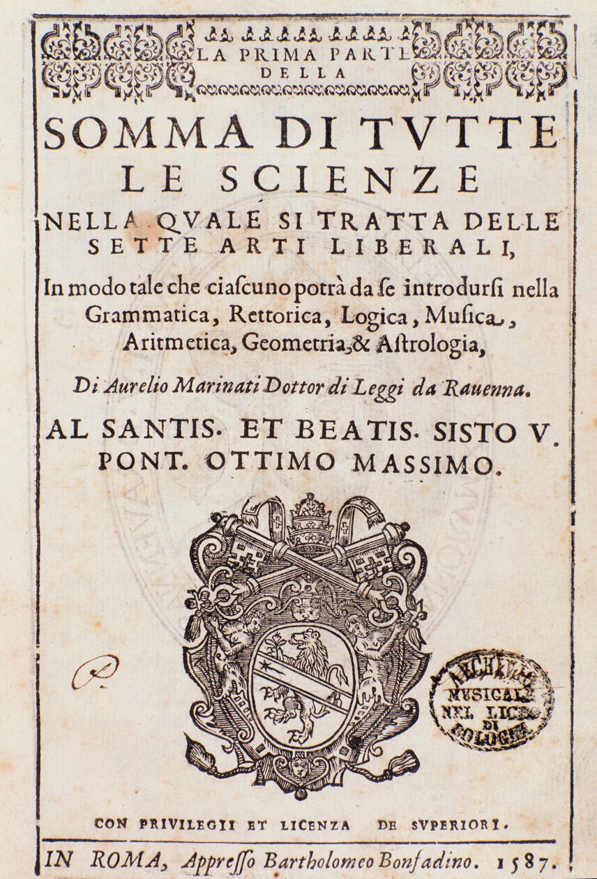 Frontispiz aus Somma di tutte le scienze, Essay über die freien Künste, von Aurelio Marinati von Italian School