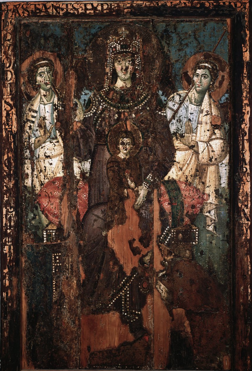 Ikone der Jungfrau der Barmherzigkeit oder Madonna Theotokos, Malerei in Enkaustik und Tempera, 8. Jahrhundert, Kirche Santa Maria in Trastevere von Italian School