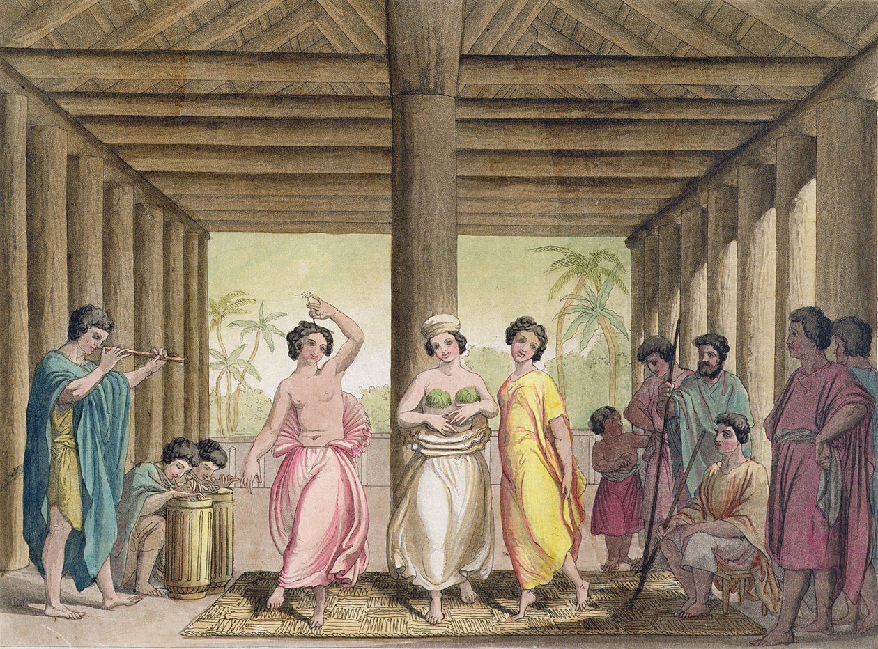 Innenansicht eines tahitianischen Hauses mit tanzenden Mädchen, Illustration aus einer Sammlung von Reisebüchern des frühen 19. Jahrhunderts von Italian School