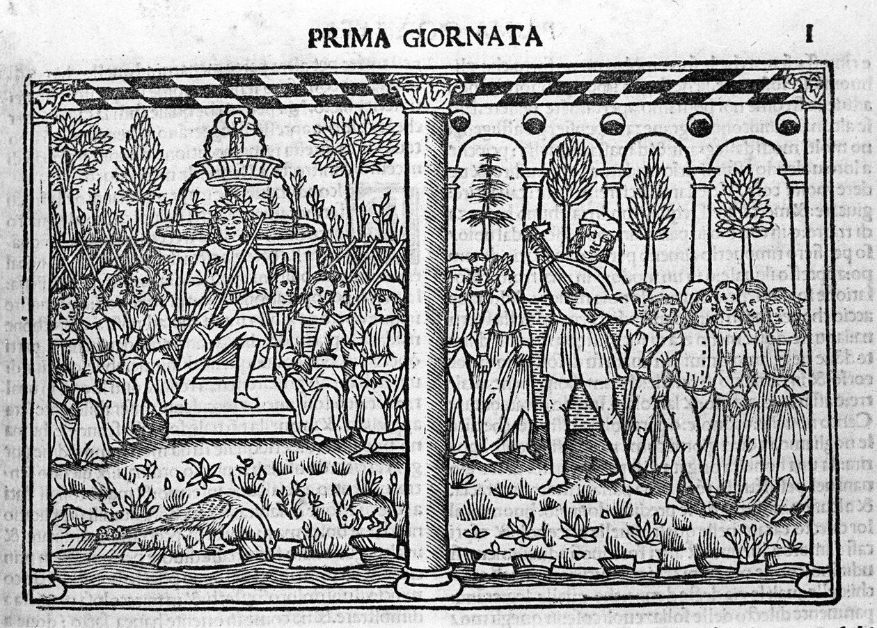 Einführung: Darstellung des Autors des Decameron umgeben von zehn jungen Menschen. Illustration des ersten Tages des Decameron (1349-1351) von Giovanni Boccaccio oder Jean Boccace (1313-1375) von Italian School