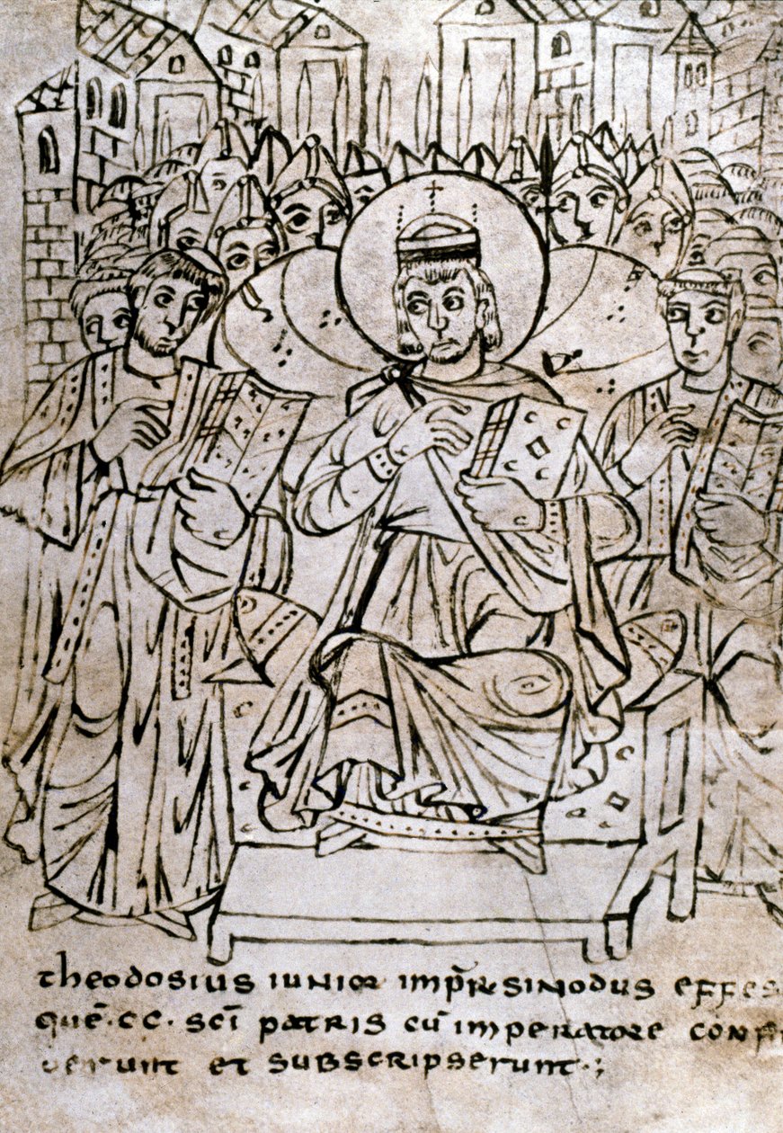Lombardische Kunst: Kaiser Theodosius II. (401-450), Enkel von Theodosius I., beim Konzil von Ephesus am 22.06.431, verurteilt den Nestorianismus (des Patriarchen Nestorius oder Nestorios). Zeichnung mit Feder auf Pergament aus einem kanonischen Rechtsvert von Italian School
