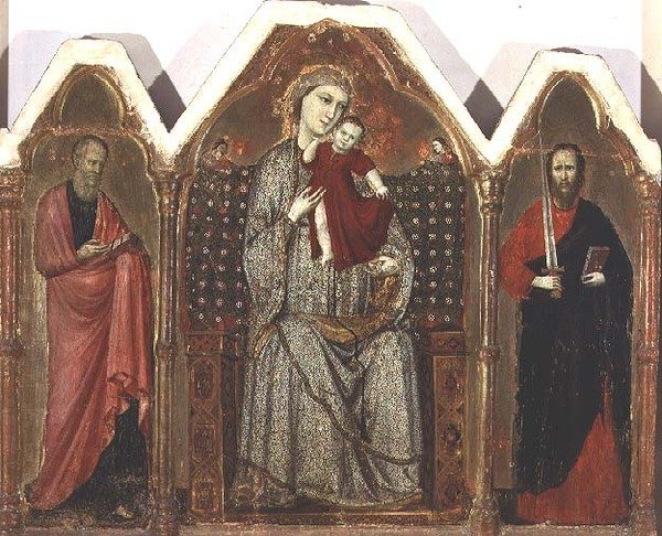 Madonna und Kind auf dem Thron, mit den Heiligen Johannes dem Evangelisten und Paulus, Riminese Schule (Triptychon-Panel) von Italian School