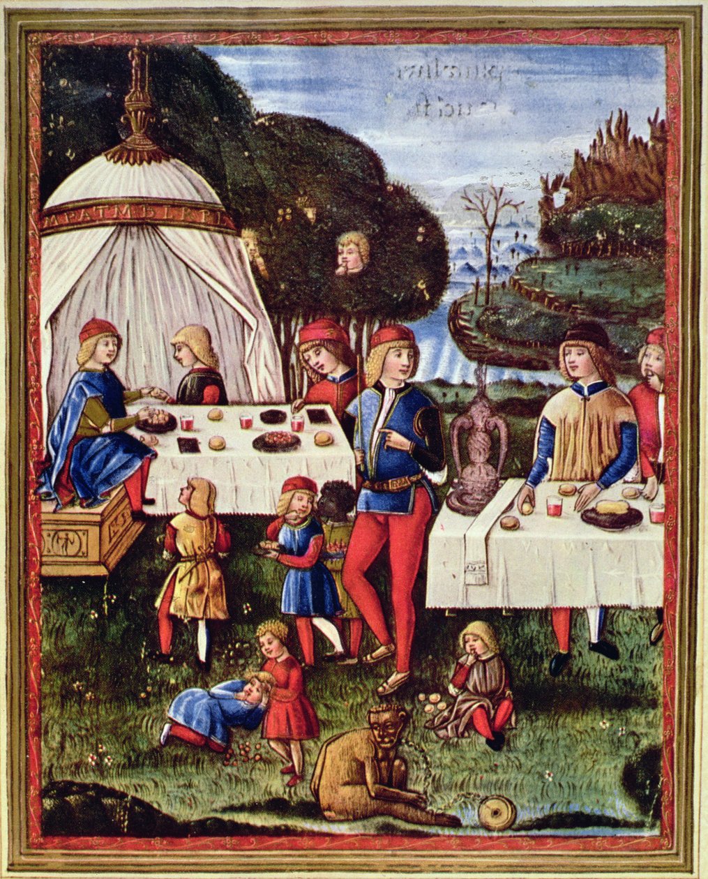 Maximilian Sforza als Kind beim Essen im Garten, Illustration aus einer Kopie von 