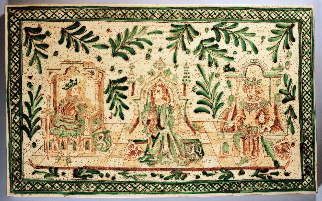 Mittelalterliche dekorative Tafel, die Konstanze von Hauteville, Roger von Sizilien und Friedrich II. von Hohenstaufen darstellt, Alessi-Herstellung, Caltagirone, Sizilien, Italien von Italian School