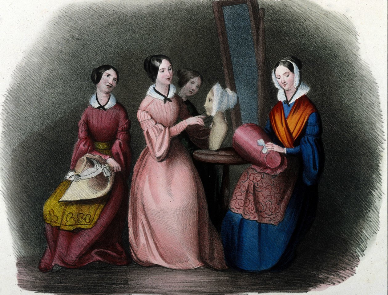 Mailänder Beruf: junge Frauen fertigten Hüte. Locarno-Stich von 1830 von Italian School