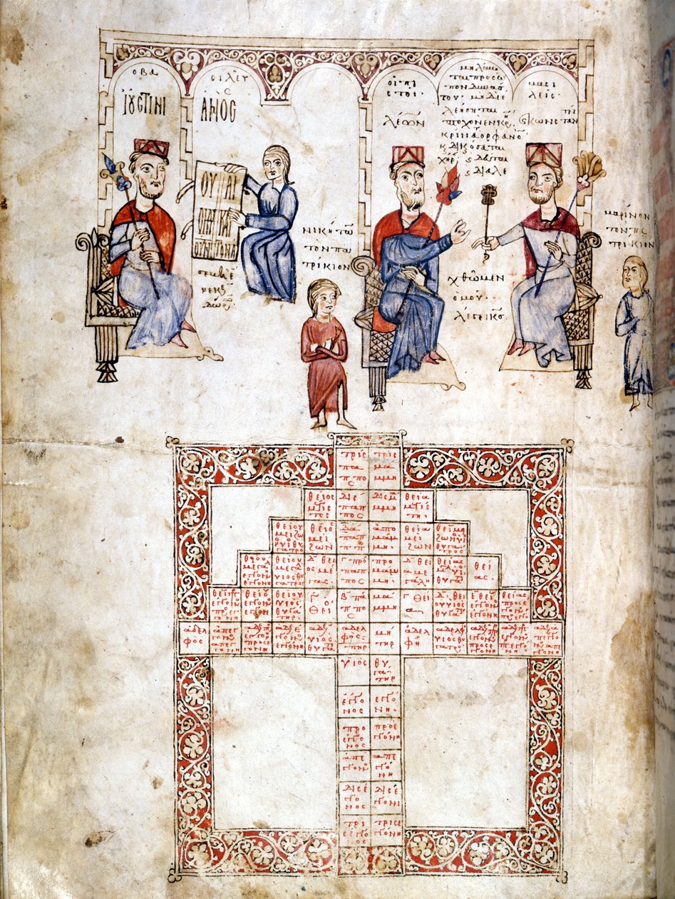 Miniaturseite von „Ecloga Legum“, Rechtsmanuskript aus dem Jahr 1175. Die dargestellten Charaktere sind von links nach rechts Justinian I. (482 - 565), Leo I. (457-474) und Konstantin I. der Große (270/288 - 337). Venedig, bibl. Marciana. von Italian School