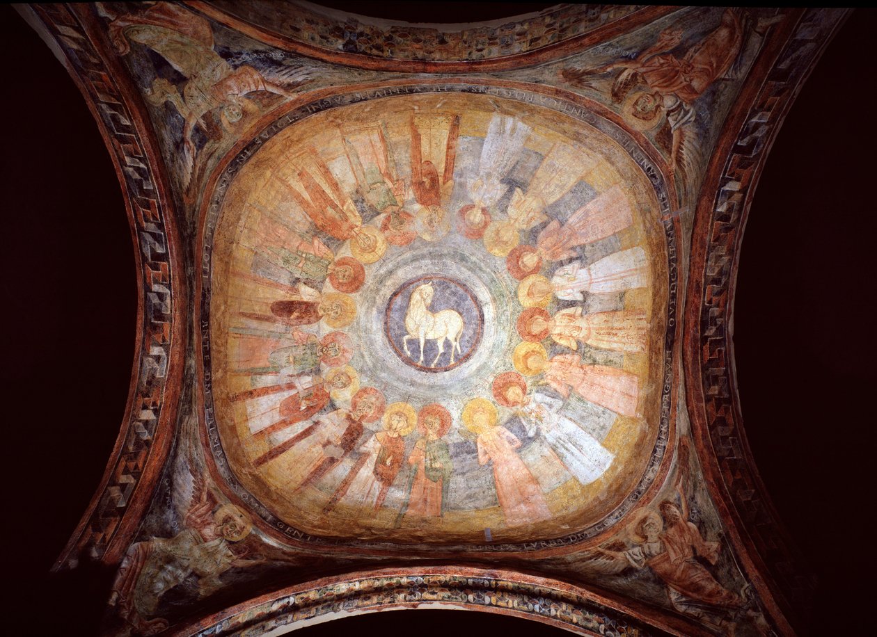 Mystisches Lamm, umgeben von Heiligen und Engeln - Fresko von Italian School