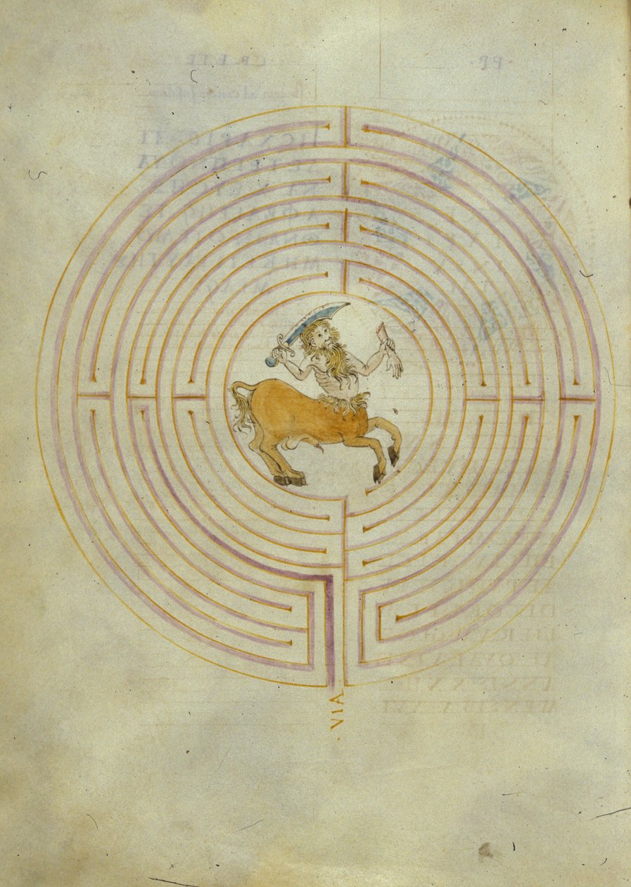 Darstellung des Minotaurus im Zentrum des Labyrinths von Italian School