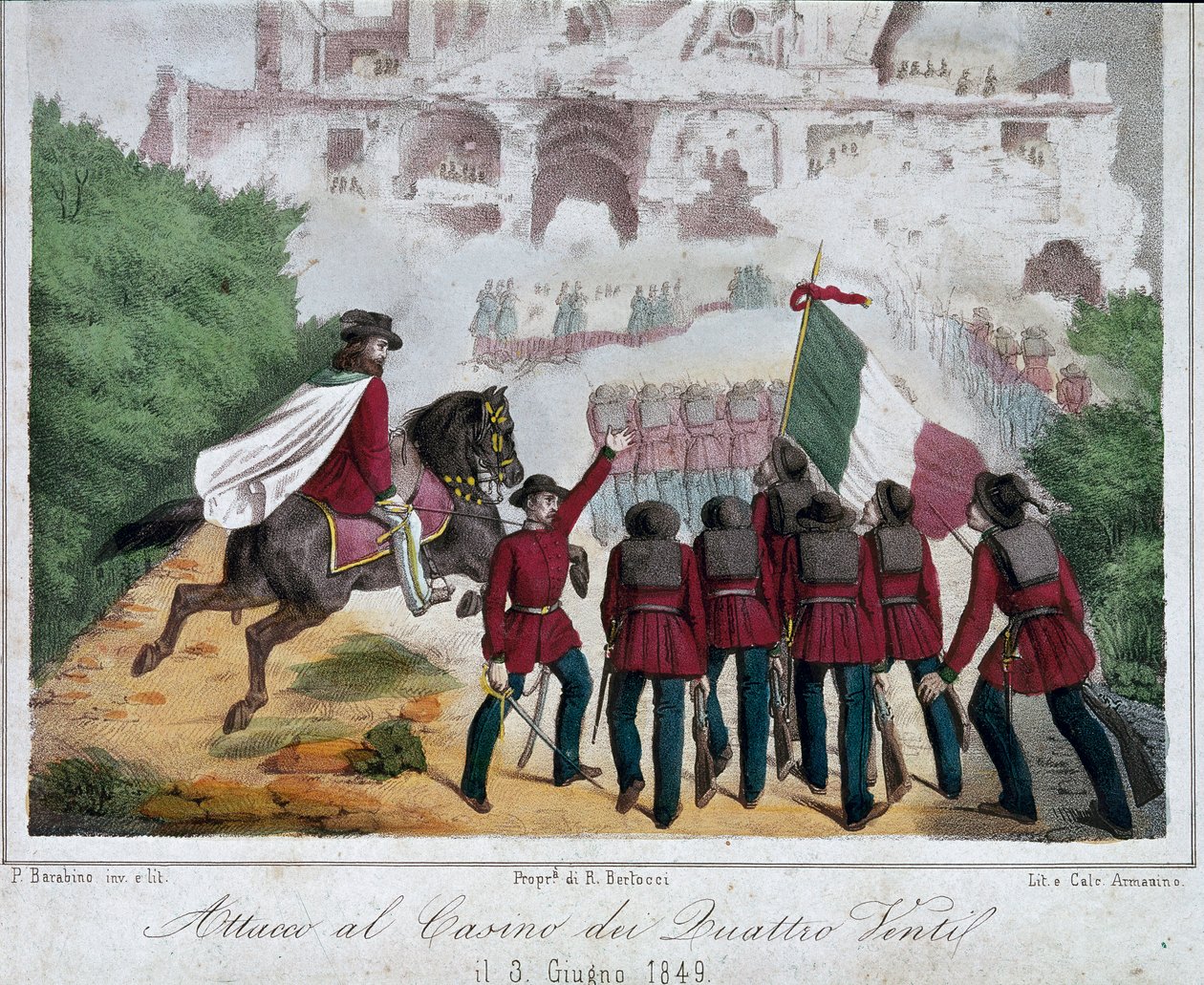 Risorgimento, Römische Republik: Die Soldaten der Armee von Giuseppe Garibaldi versuchen, die Villa der Quattro Venti in Rom am 03.06.1849 zurückzuerobern von Italian School
