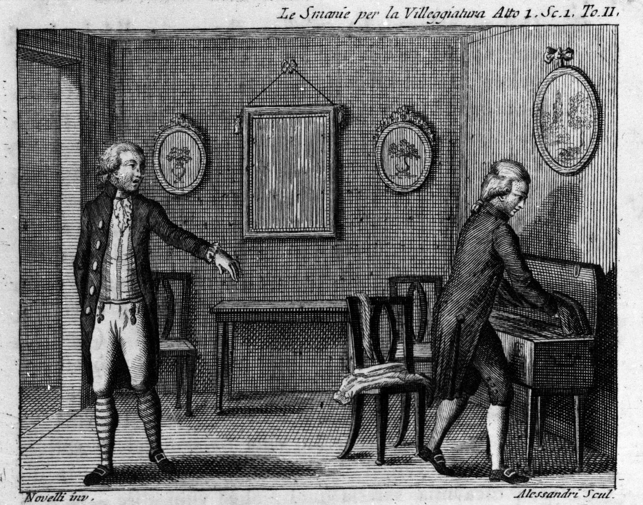 Szene 1 des ersten Akts des Lustspiels „Le smanie per la villeggiatura“ (La ville) (1761) von Carlo Goldoni (1707-1793). Gravur des 18. Jahrhunderts von Italian School
