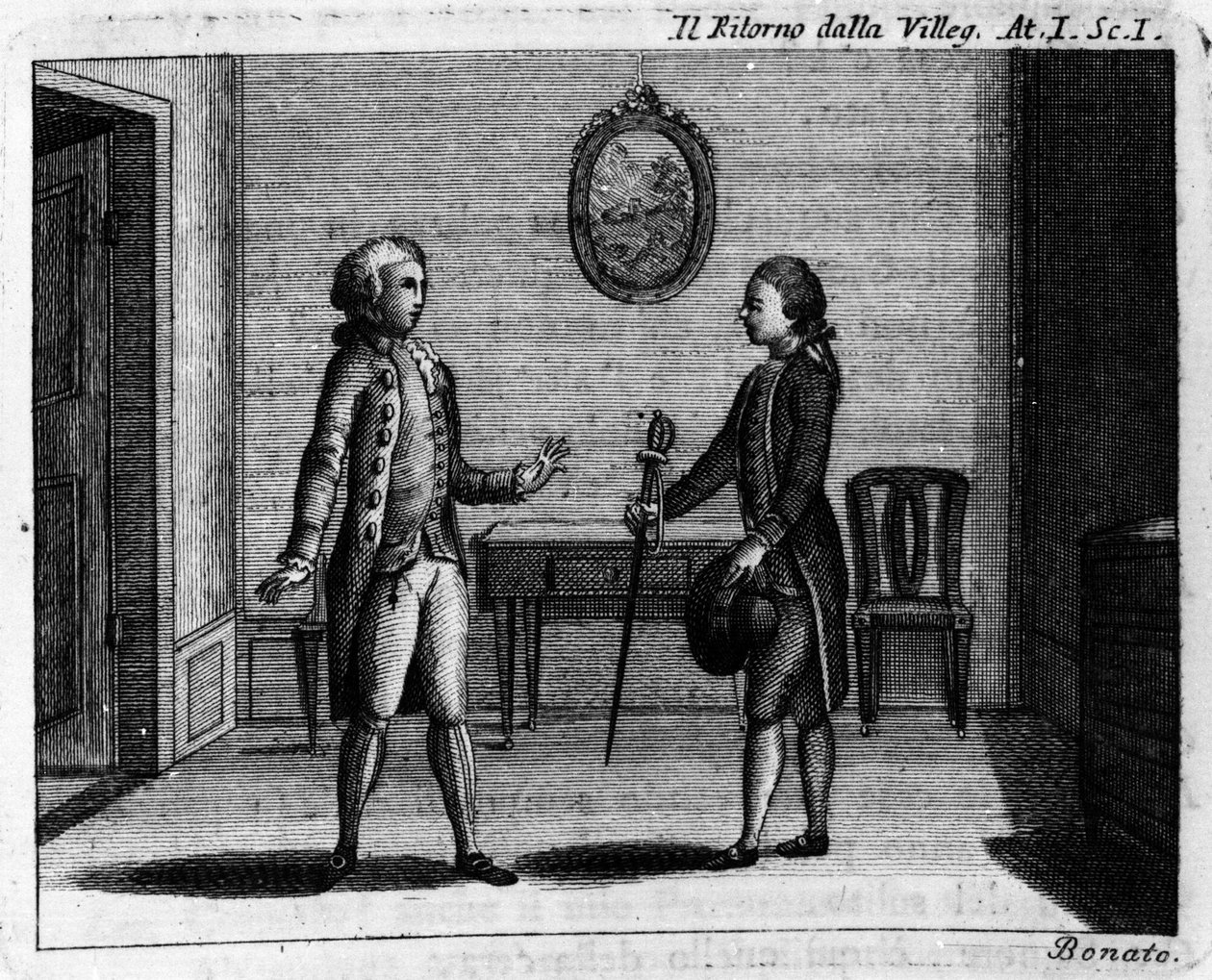Szene 1 des 1. Akts des Lustspiels "Ritorno della villeggiatura" (Rückkehr der Stadt) (1761) von Carlo Goldoni (1707-1793). Gravur aus dem 18. Jahrhundert von Italian School