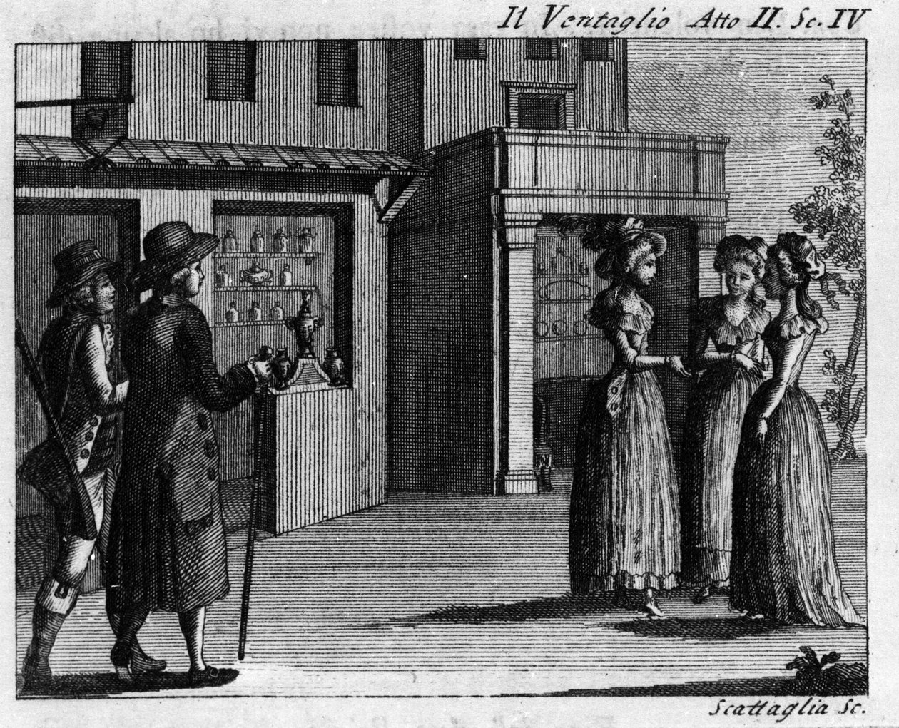 Szene 4 des 2. Akts des Lustspiels „Il ventaglio“ (Der Fächer) (1764) von Carlo Goldoni (1707-1793). Gravur aus dem 18. Jahrhundert von Italian School