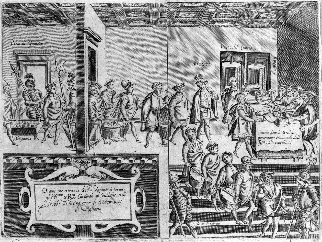 Dienst der Kardinäle während eines Konklaves. Gravur aus „Opera“, einem Buch über Gastronomie, unterteilt in 6 Teile, von Bartolomeo Scappi, persönlicher Koch von Papst Pius V. Venedig von Italian School