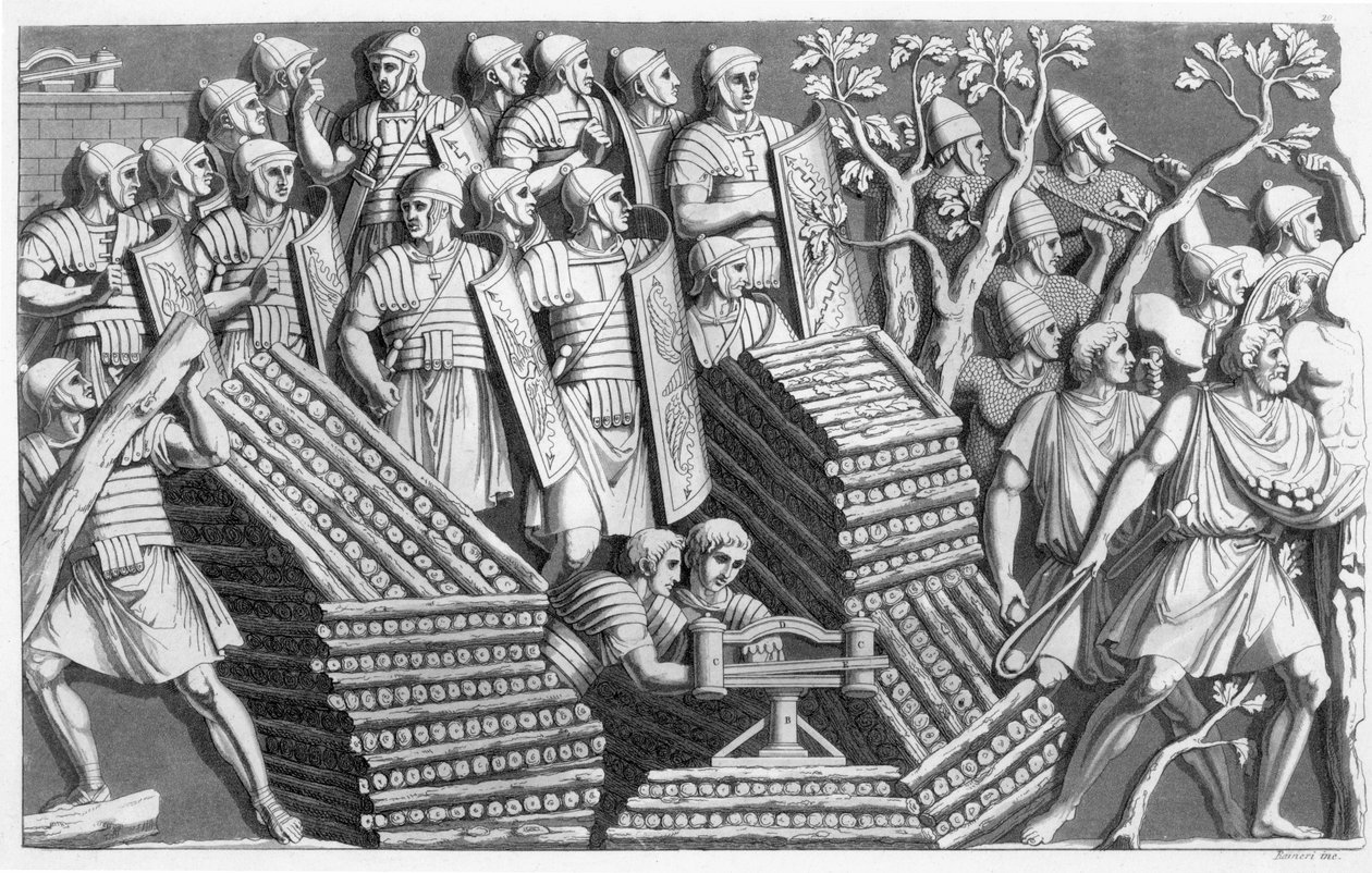Soldaten, möglicherweise beim Bau einer Pontonbrücke oder Belagerungsmaschine, möglicherweise von der Trajanssäule, aus Customs of the Romans, ca. 1800-10 von Italian School