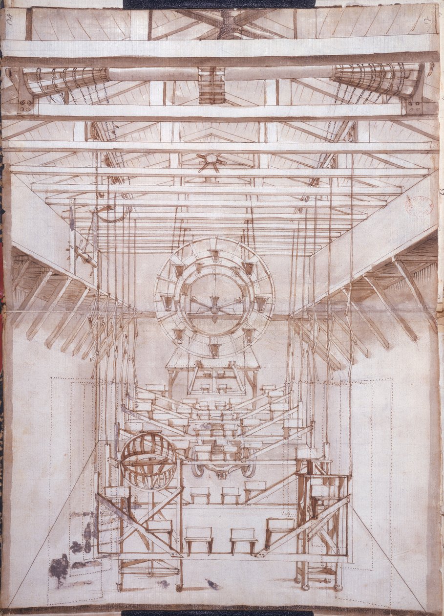 Bühnenmaschinerie für die Opern im San Salvatore Theater in Venedig, 1675 (Feder und Tuschlavierung auf Papier) von Italian School
