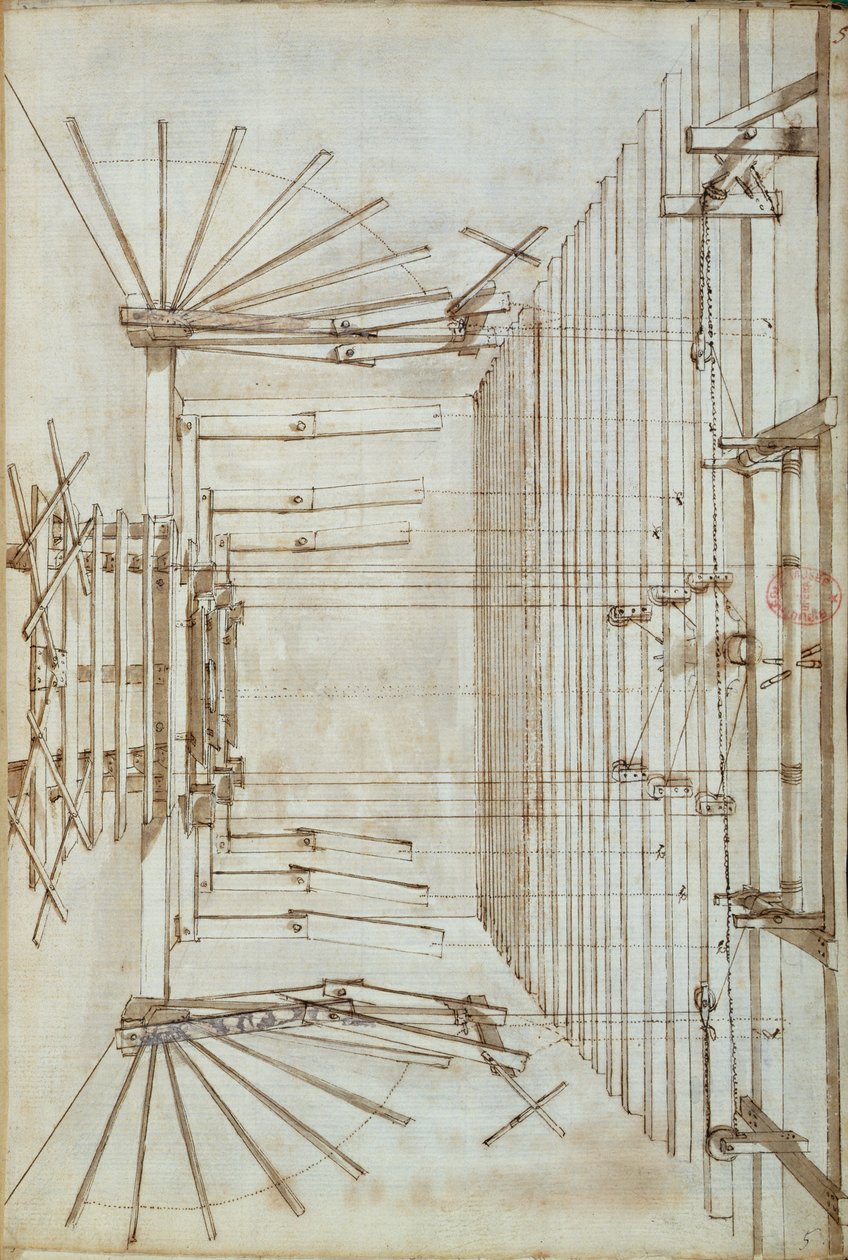 Bühnenmaschinerie für die Opern im San Salvatore Theater in Venedig, 1675 (Feder und Tuschlavierung auf Papier) von Italian School