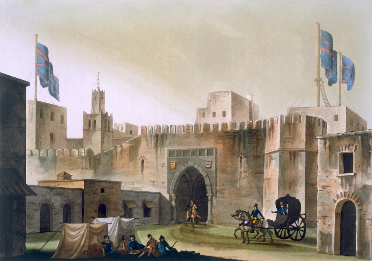 Das Beb Kar, Tor nach Tunis, mit Europäern in einer Pferdekutsche, ca. 1820er-30er Jahre von Italian School