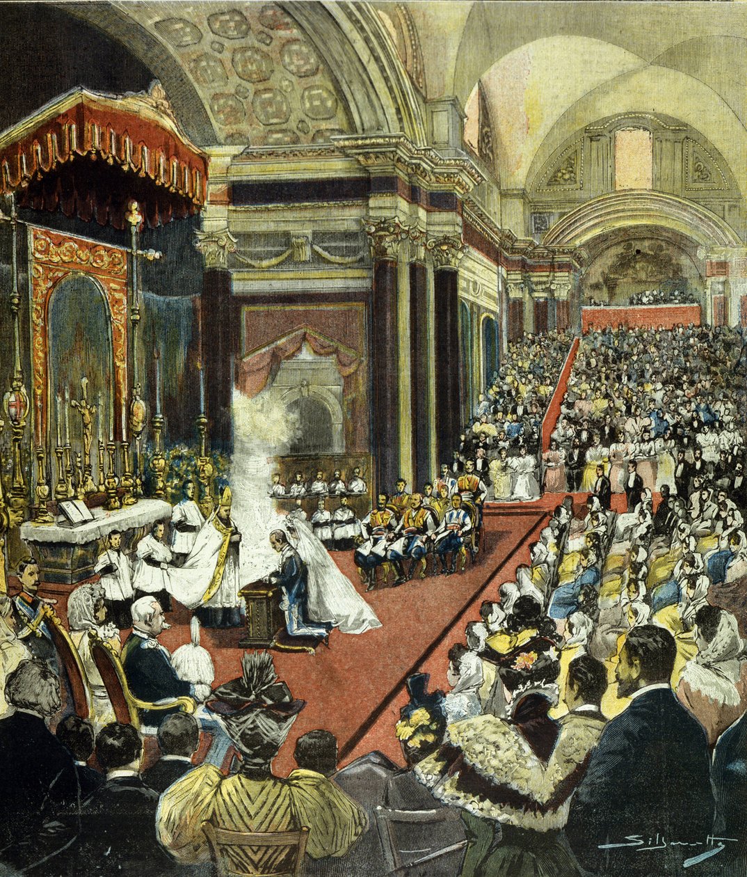 Die religiöse Hochzeit von König Viktor Emanuel III. mit Prinzessin Helene von Montenegro in der Kirche Santa Maria degli Angeli in Rom im Jahr 1896 von Italian School
