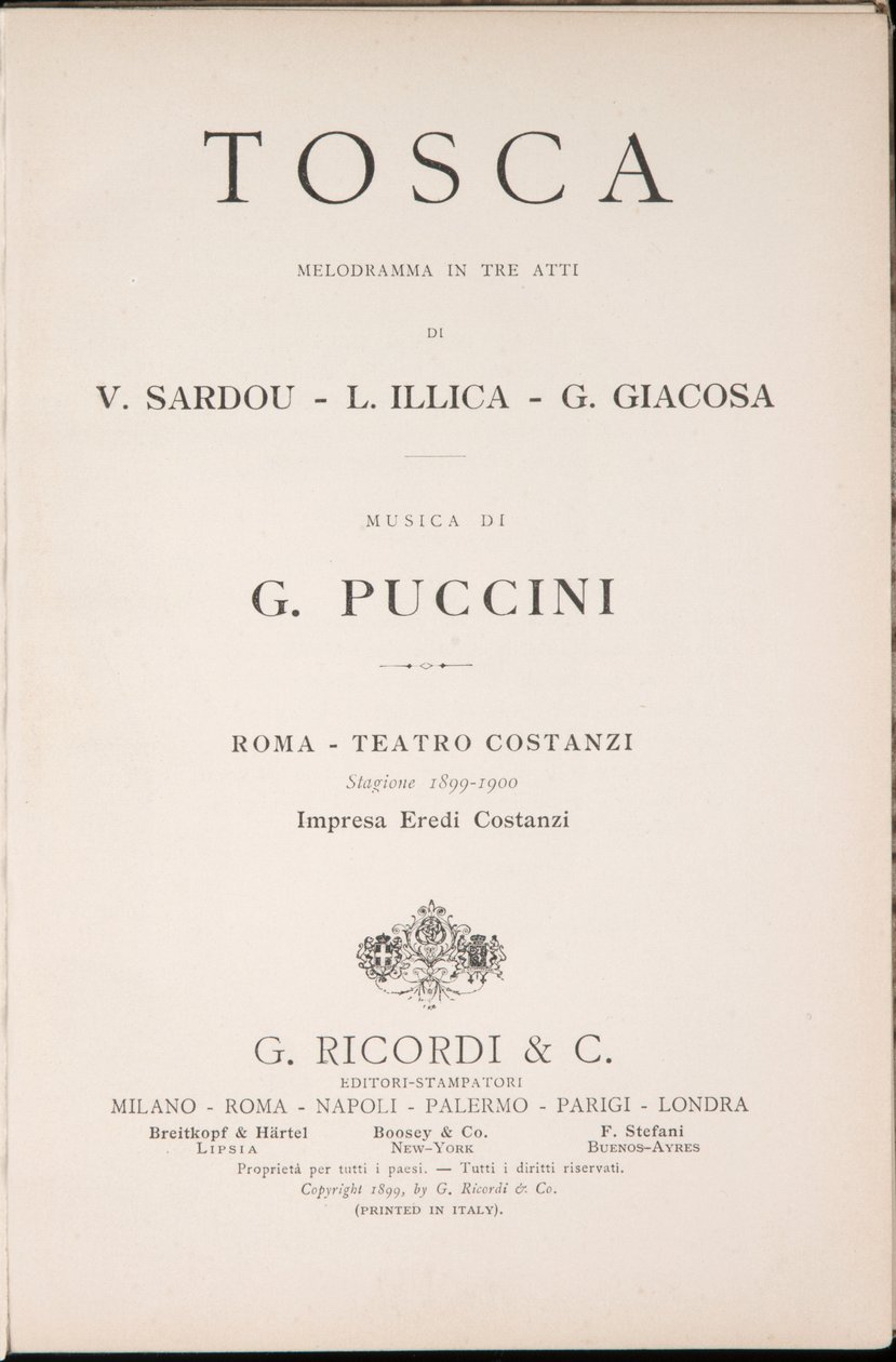 Titelseite, Libretto della Tosca, Edizione Ricordi, Italien von Italian School