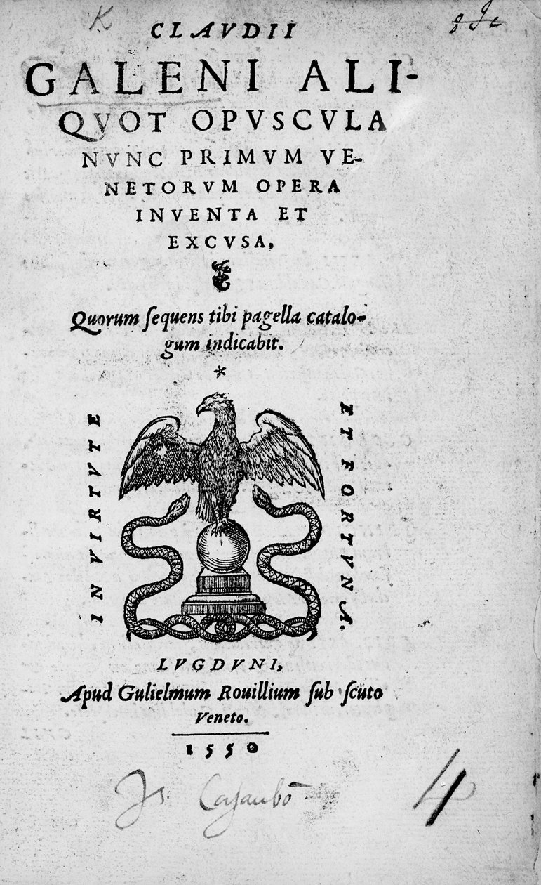 Titelseite zu Claudi Galeni Aliquot opuscula nunc primum Venetorum opera inventa et excusa, eine Sammlung von Werken von Claudius Galen, veröffentlicht 1550 (Druck) von Italian School