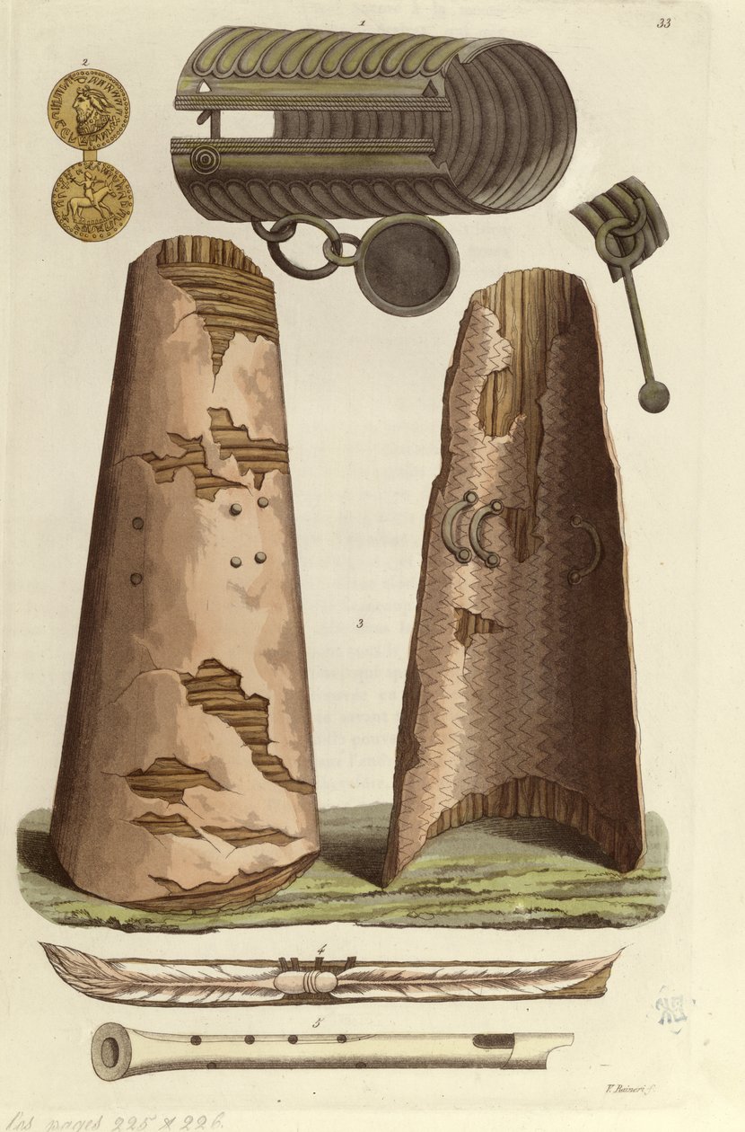 Verschiedene Wikingerartefakte: Bronzearmband, goldene Medaille mit Runenalphabet, Schilde, Flöten. Illustration von V. Raineri aus 