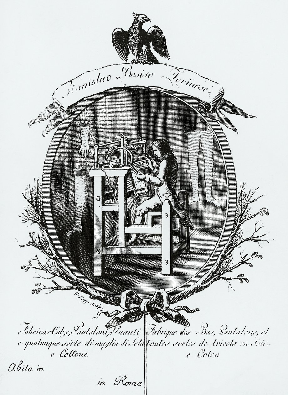 Arbeiter am Webstuhl, Bildwerbung für Stanislaus Bosisio Torinese, Hersteller von Socken, Hosen, Handschuhen und jeder Art von Seiden- und Baumwollstrickwaren, Gravur, Italien von Italian School