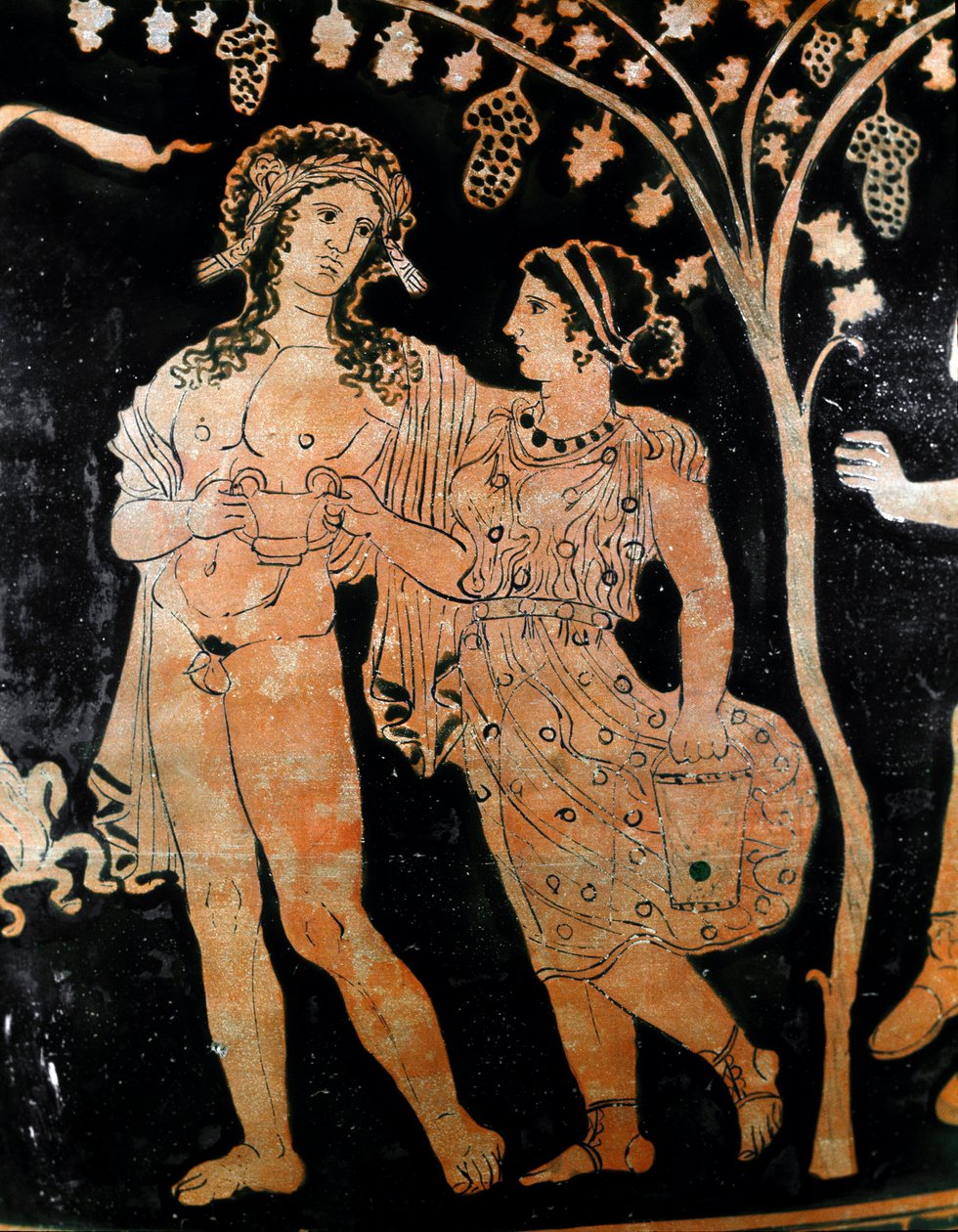 (Detail) einer Vase aus Ruvo in Apulien zeigt ein junges Ehepaar. Sie halten eine Weintasse in den Händen. 4. Jahrhundert v. Chr. Museo Archeologico Nazionale Neapel von Italic