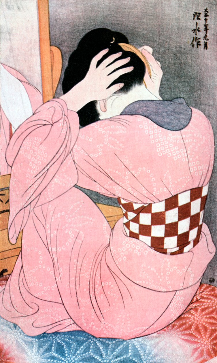 Ein Mädchen frisiert ihr Haar oder Frau mit einem Untergürtel, ca. 1921 von Ito Shinsui