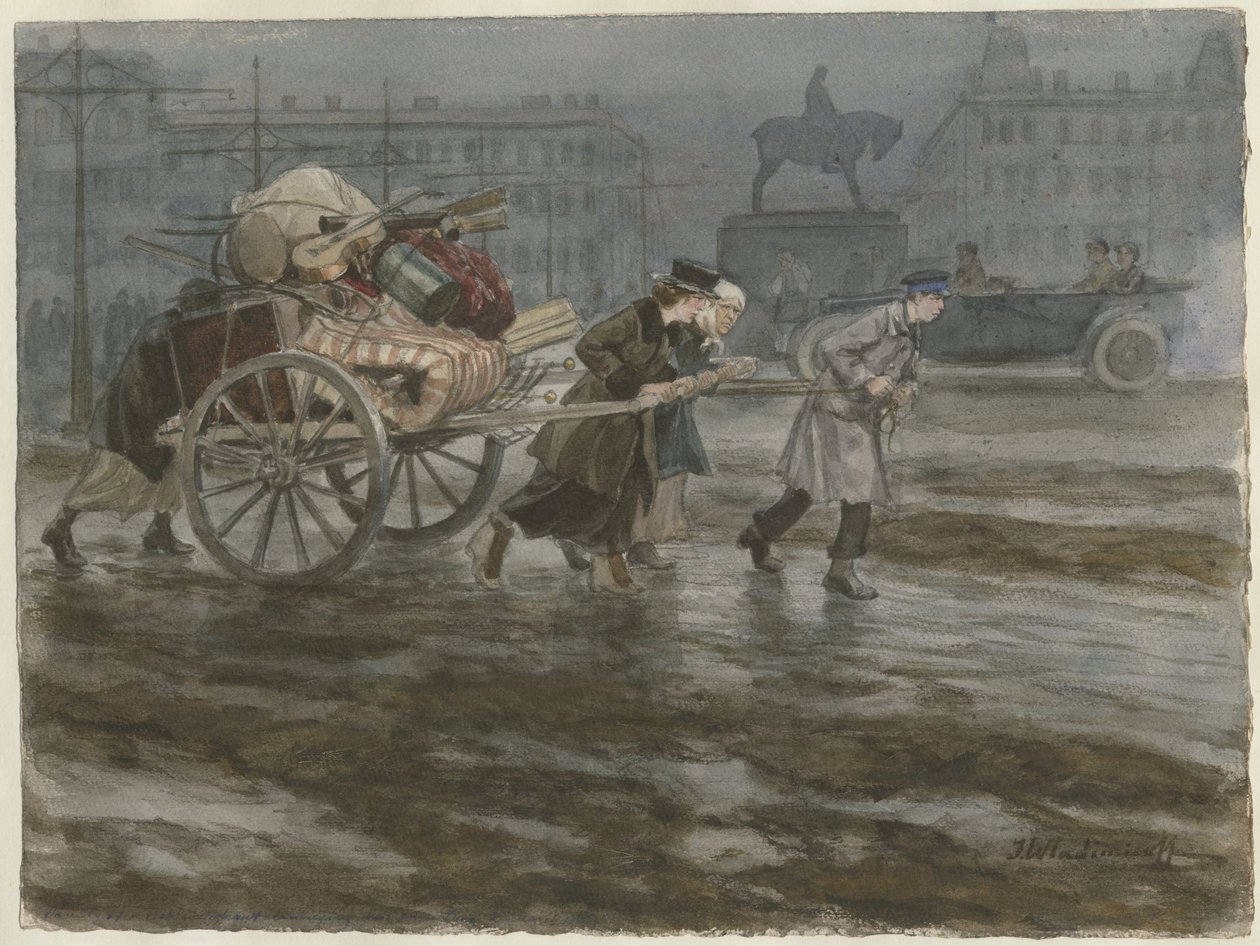 Familie, die ihre Habseligkeiten auf einem Wagen bewegt aus der Aquarellserie Russische Revolution, 1917-1918 von Ivan Alexeyevich Vladimirov