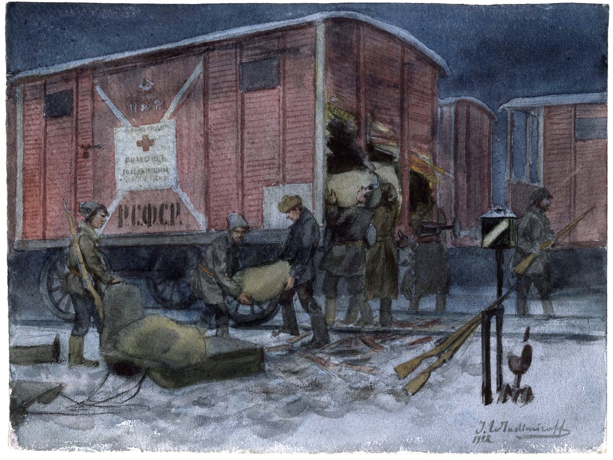 Soldaten plündern einen Eisenbahnwagen (aus der Aquarellserie Russische Revolution) von Ivan Alexeyevich Vladimirov
