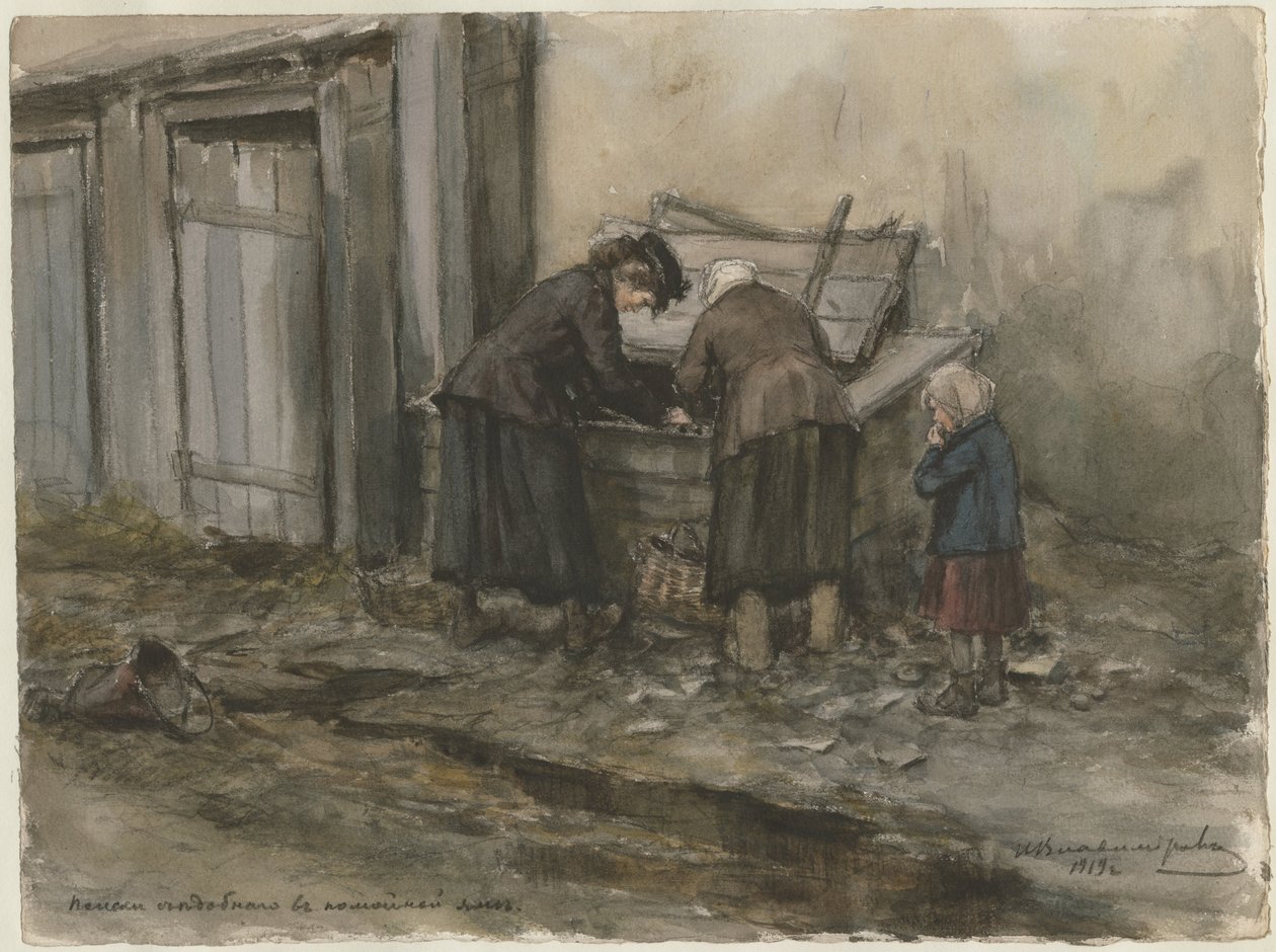 Zwei Frauen und ein Kind durchsuchen einen Mülleimer aus der Aquarellserie Russische Revolution von Ivan Alexeyevich Vladimirov