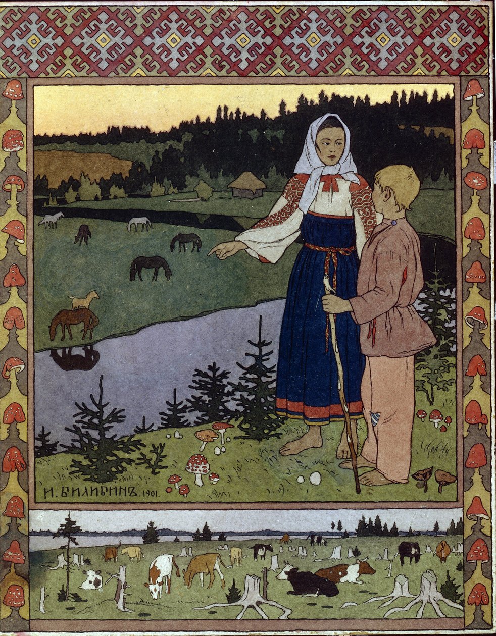 Illustration für das traditionelle Märchen Alyonuschka und Ivanuschka von Ivan Yakovlevich Bilibin