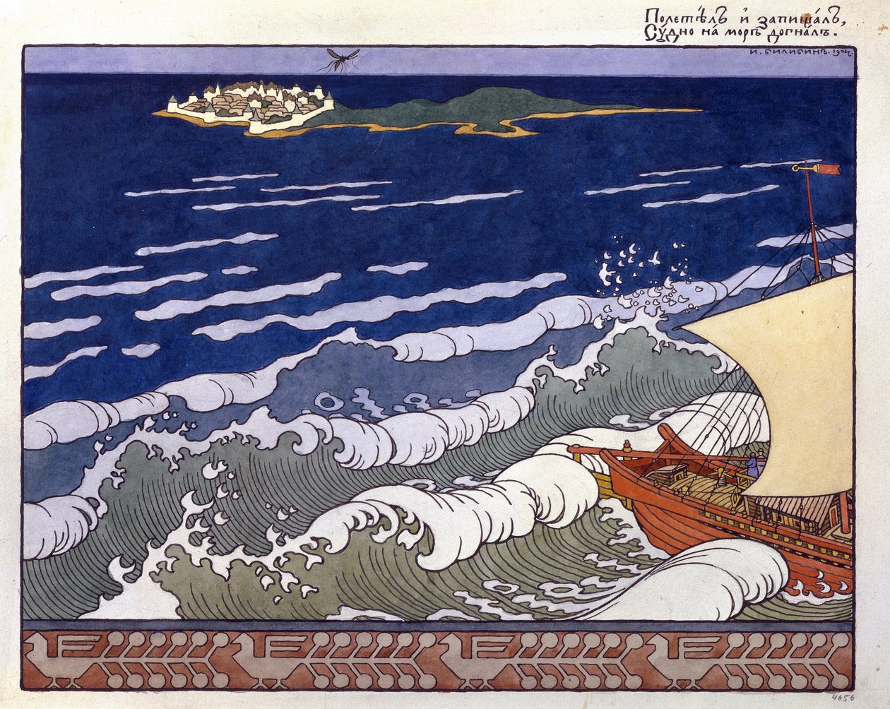 Das Boot steuert auf eine Insel zu, geführt vom Flug einer Hummel. Illustration für das "Märchen vom Zaren Saltan" von Alexander Puschkin von Ivan Yakovlevich Bilibin