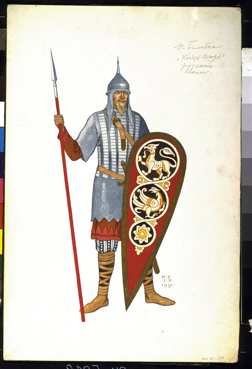 Ein russischer Krieger im 12. Jahrhundert. Kostümentwurf für die Oper "Fürst Igor" von Alexander Borodin von Ivan Yakovlevich Bilibin