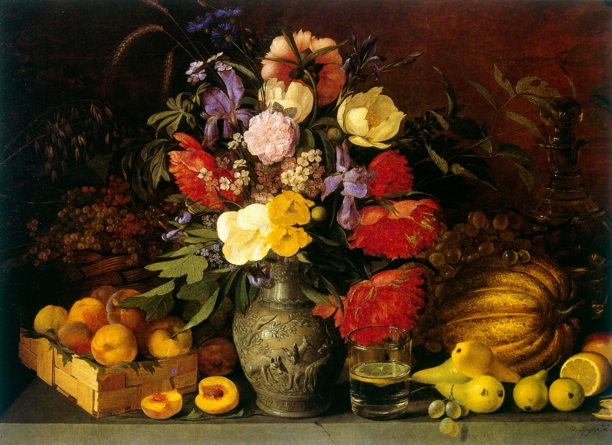 Stillleben mit Blumen und Früchten 1839 von Ivan Khrutsky (1810–1885) Geburtsname: Jan Chrucki. Polnisch-russischer Maler von Ivan Khrutsky