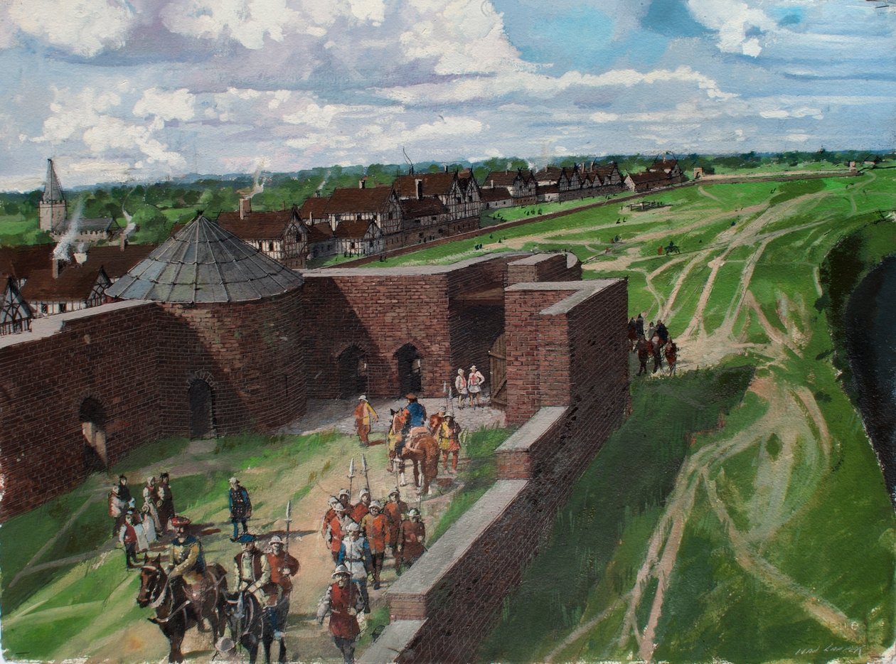 Rekonstruierte Ansicht des Tower of London, zeigt den Byward Tower Eingang und den Löwenturm in den 1540er Jahren von Ivan Lapper