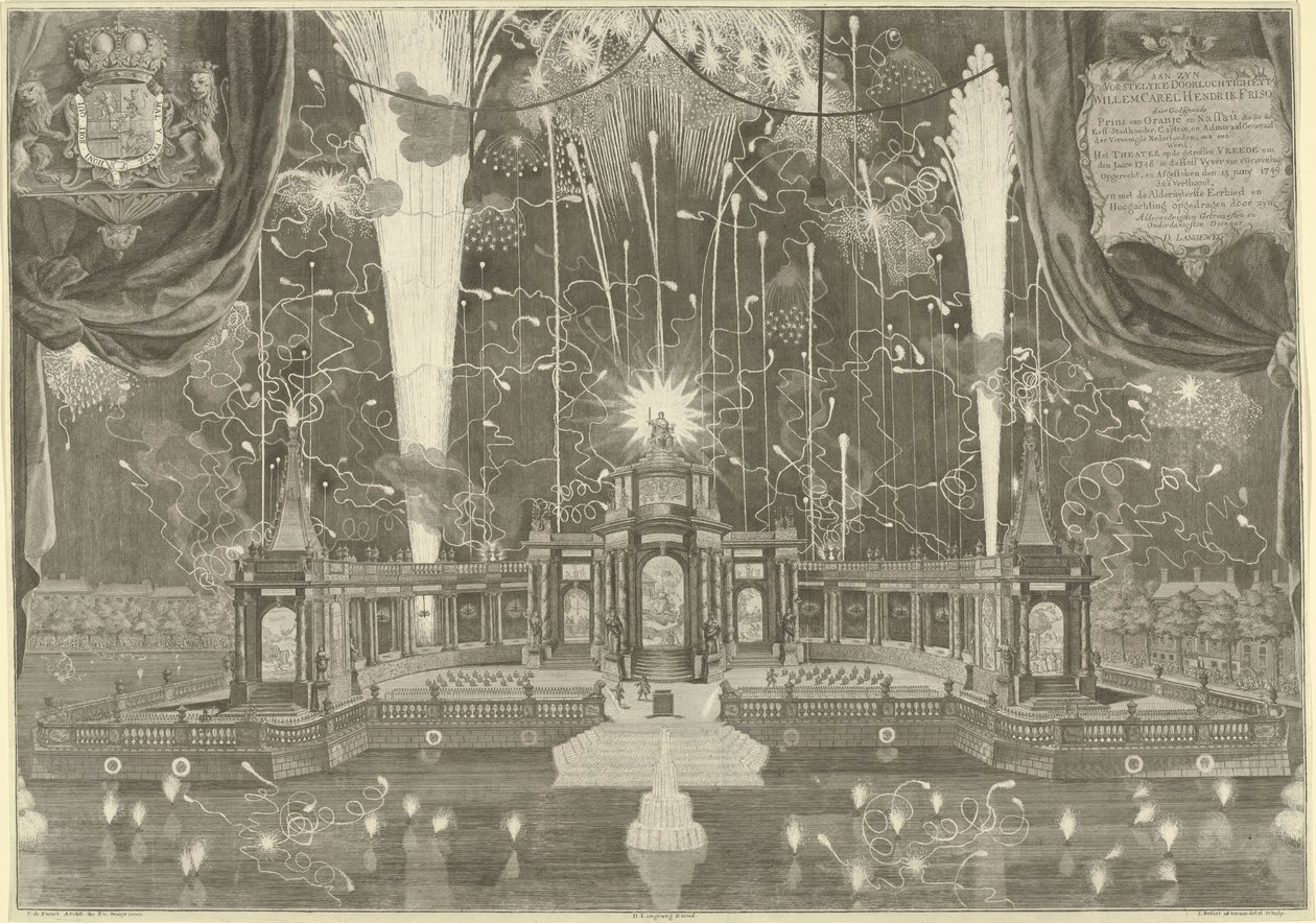 Feuerwerk in Den Haag für den Frieden von Aachen, 1749 von Iven Besoet