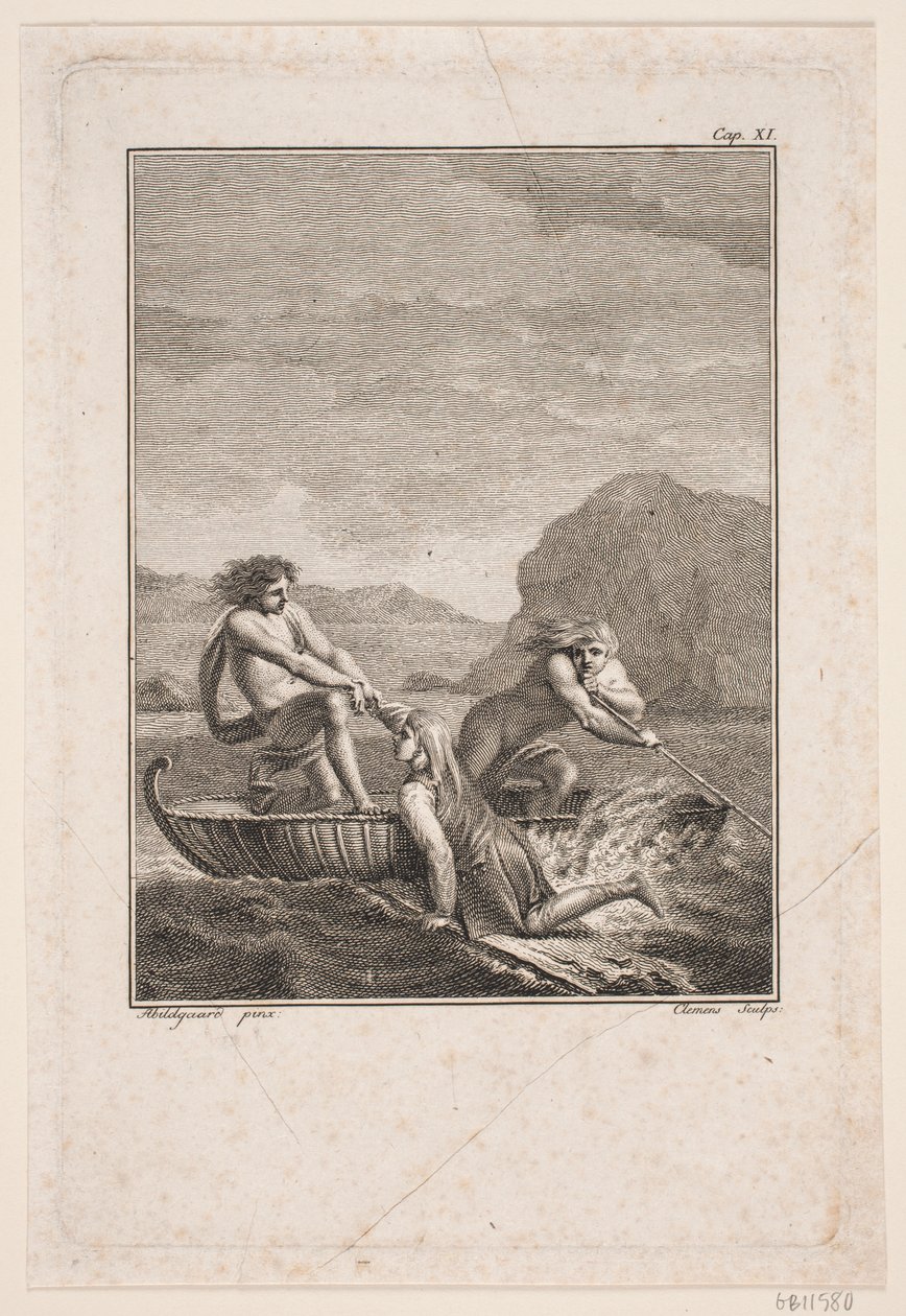 Der schiffbrüchige Niels Klim wird von zwei Qvamiten in einem Weidenboot gerettet von J.F. Clemens