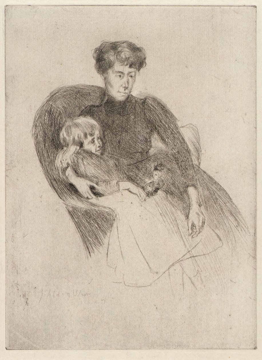Frau und Kind, sitzend (Mutter und Kind mit Spielzeug) von J. Alden Weir