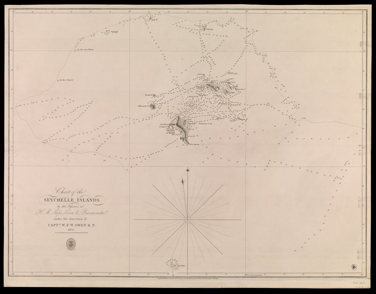 Karte der Seychellen-Inseln von den Offizieren der H.M. Schiffe Leven und Barracouta unter der Leitung von Kapitän W.F.W. Owen R.N. 1825 von J. & C. Walker