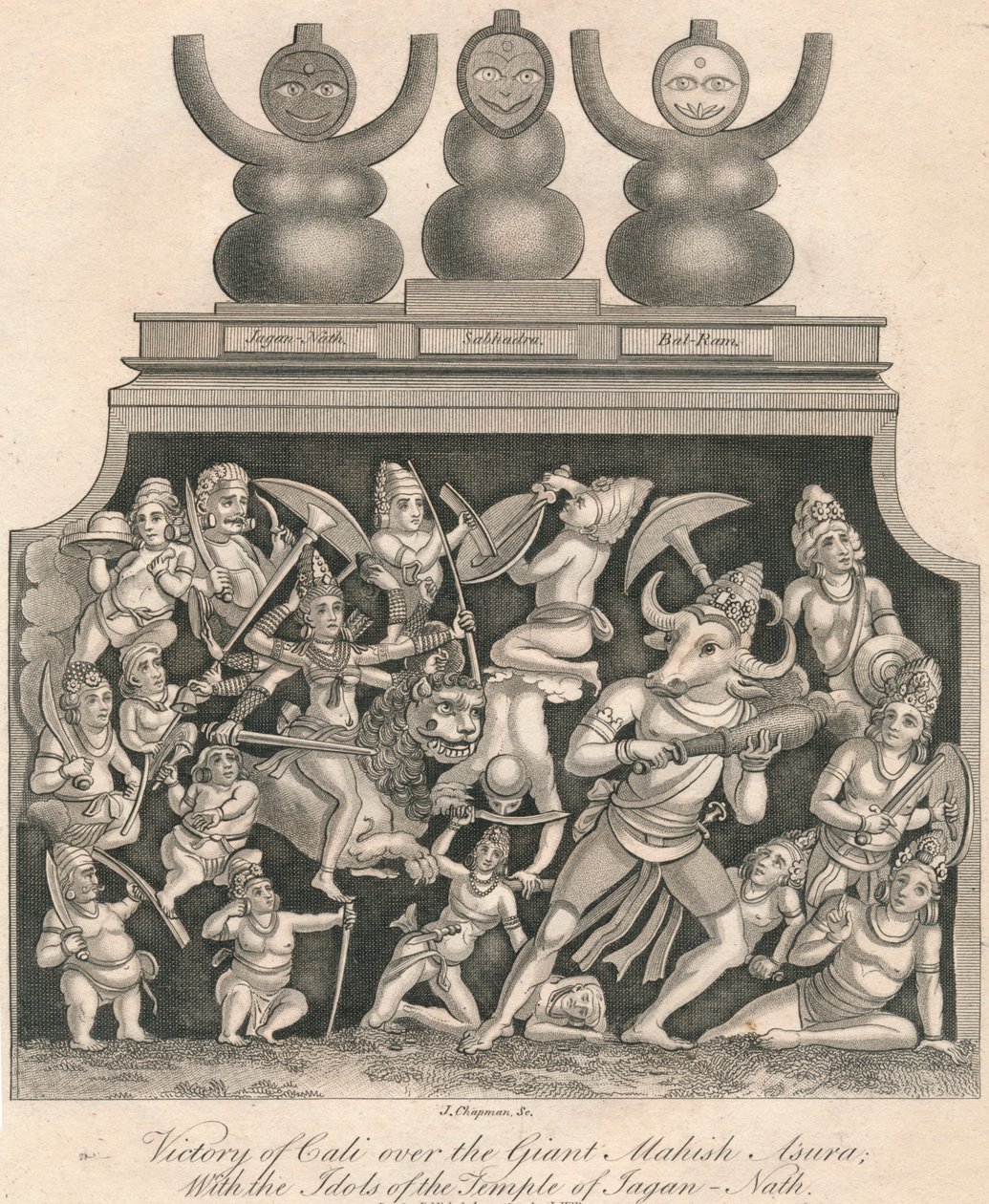 Sieg von Kali über den Riesen Mahish Asura, mit den Idolen des Tempels von Jagan-Nath von J. Chapman