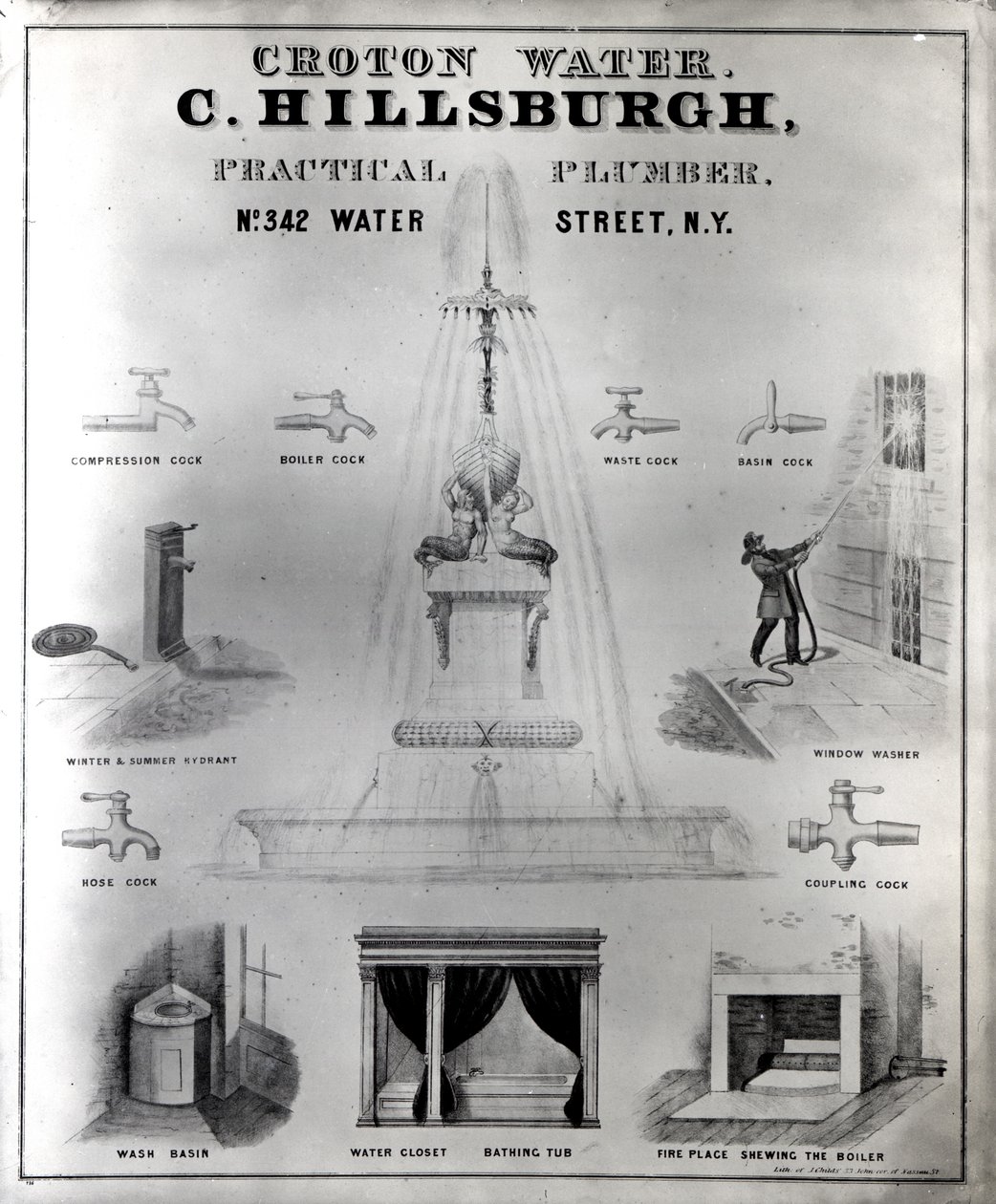Croton Water. C. Hillsburgh, praktischer Klempner, Nr. 342 Water Street, New York, 1840er Jahre von J. Childs
