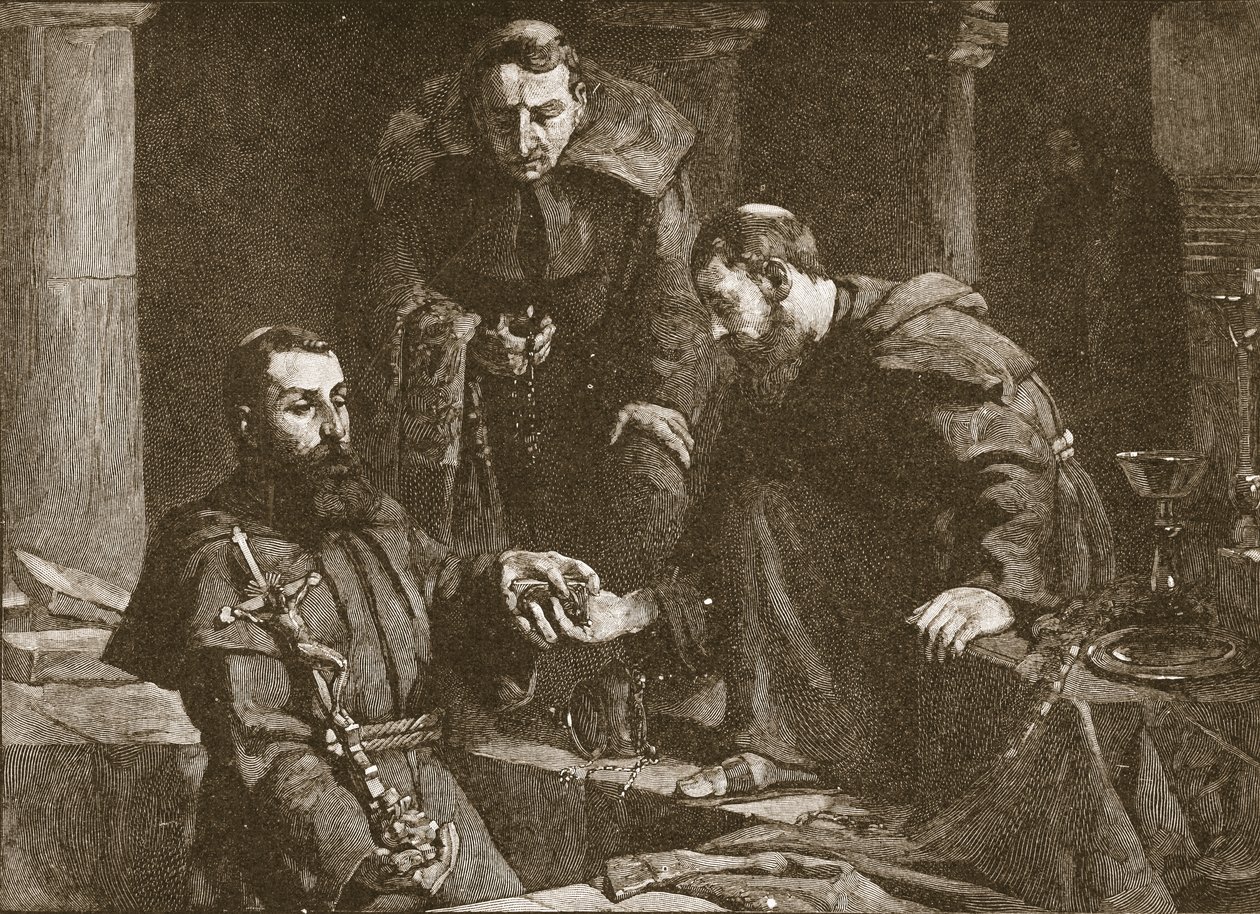 Schatzversteck bei der Unterdrückung eines Klosters, Illustration aus The Church of England: A History for the People von H.D.M. Spence-Jones, veröffentlicht um 1910 Lithografie Sepia Foto von J. Cooke