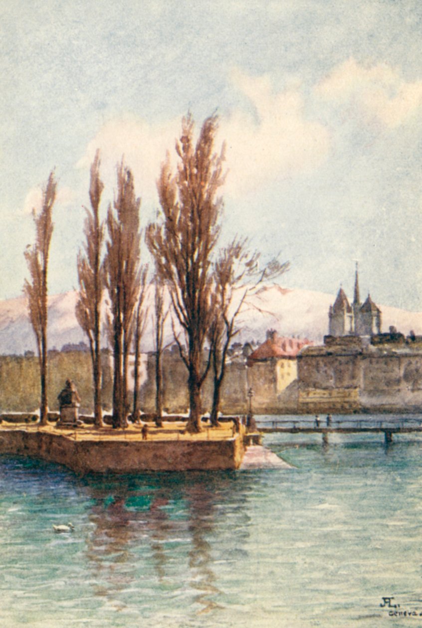 Die Statue von Jean Jacques Rousseau auf der Insel in der Rhone, Genf, vom Hotel des Bergues von J. Hardwicke Lewis