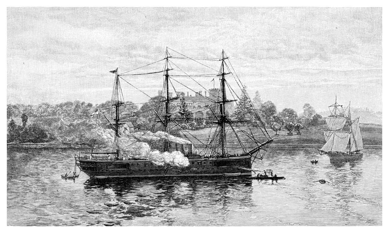Regierungshaus und HMS Nelson, Sydney, New South Wales, Australien, 1886 von J. R. Ashton