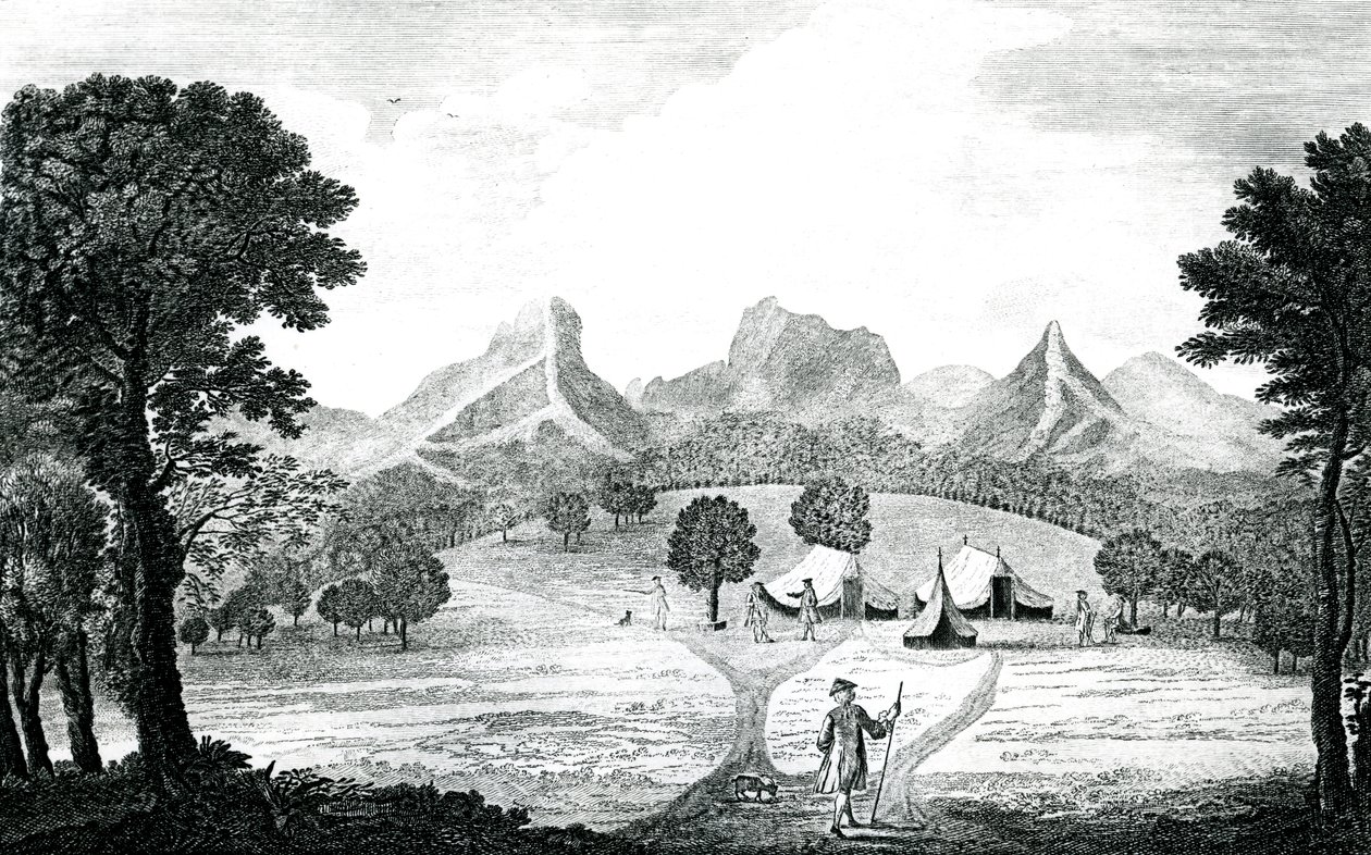 Ansicht des Kommodorzeltes auf der Insel Juan Fernandes, ca. 1745 (Gravur) von J. S. Mason